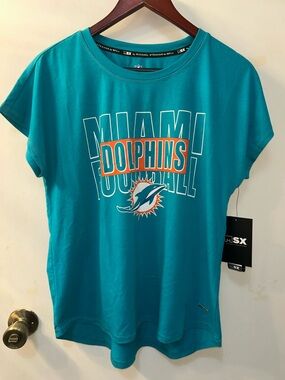 NWT NFL x Michael Strahan Miami Dolphins Teal and Orange Team Logo Tee, Sz S